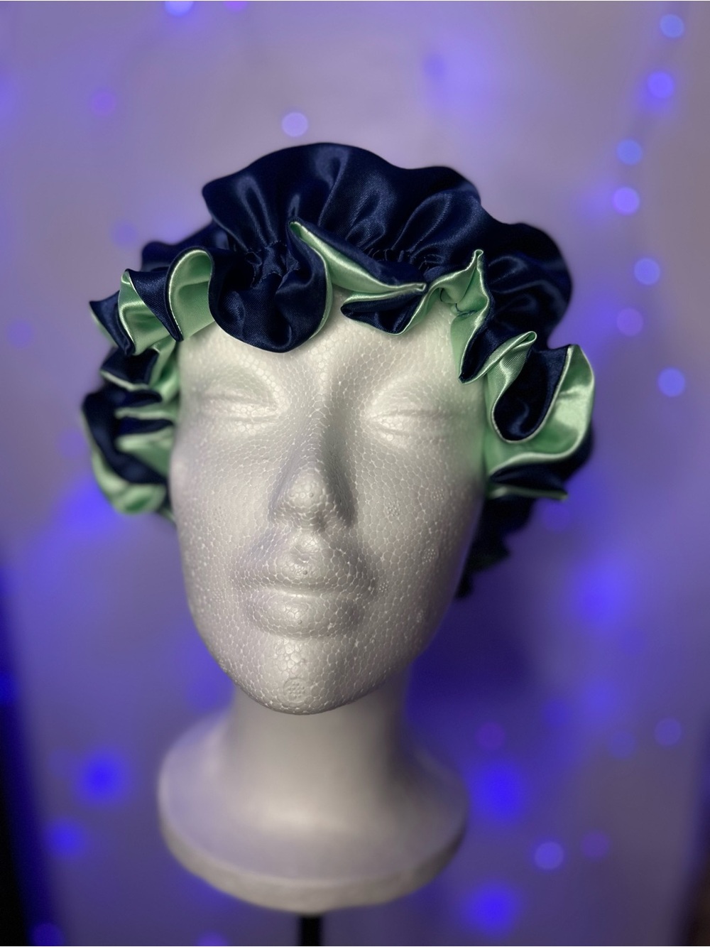 Satin Double-Ruffle Bonnet - Navy and Mint